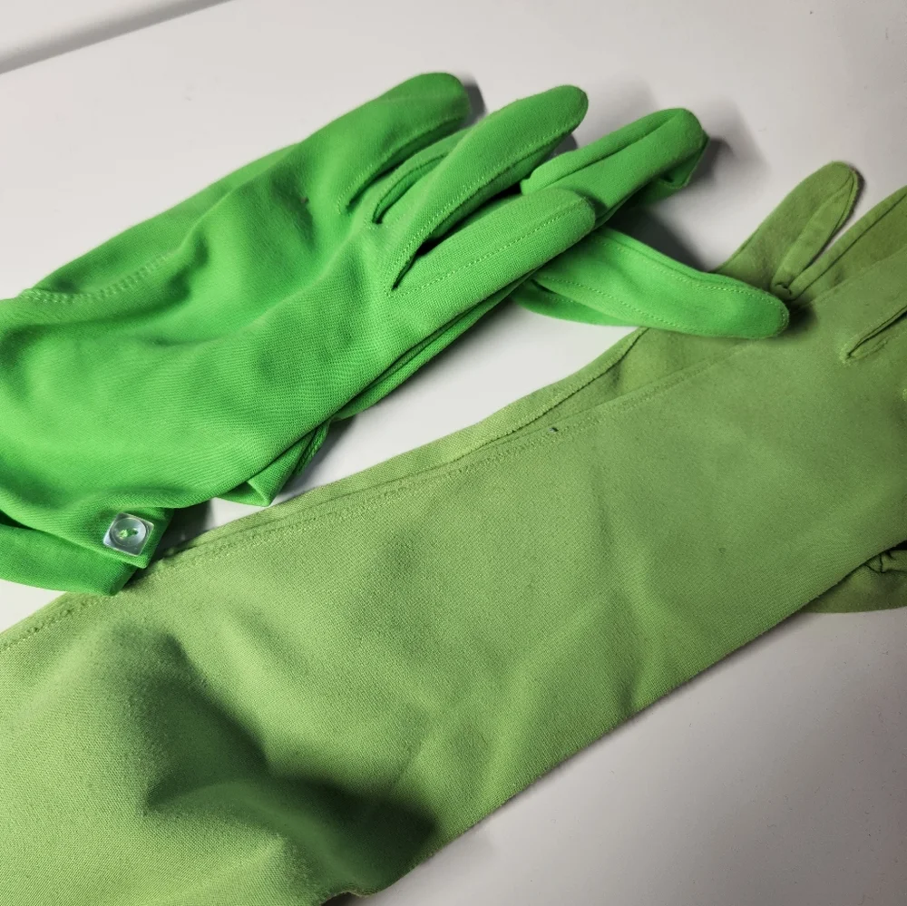 60s Green Elbow Length Gloves and‎ Silk(?) Scarf